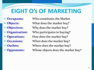 EIGHT O’s OF MARKETING
 Occupants:      Who constitutes the Market
 Objects:        What does the market buy?
 Objectives:     Why does the market buy?
 Organization:   Who participates in buying?
 Operations:     How does the market buy?
 Occasions:      When does the market buy?
 Outlets:        Where does the market buy?
 Opponents:      Whose objects does the market buy?




                                                       3
 