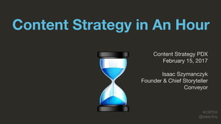 #CSPDX
@IsaacSzy
Content Strategy in An Hour
Content Strategy PDX
February 15, 2017
Isaac Szymanczyk
Founder & Chief Storyteller
Conveyor
 