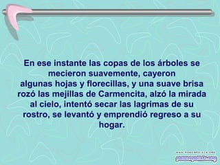 En ese instante las copas de los árboles se
         mecieron suavemente, cayeron
 algunas hojas y florecillas, y una suave brisa
rozó las mejillas de Carmencita, alzó la mirada
    al cielo, intentó secar las lagrimas de su
  rostro, se levantó y emprendió regreso a su
                       hogar.
 