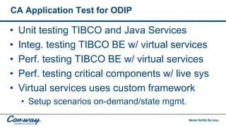 CA Application Test for ODIP
• Unit testing TIBCO and Java Services
• Integ. testing TIBCO BE w/ virtual services
• Perf. testing TIBCO BE w/ virtual services
• Perf. testing critical components w/ live sys
• Virtual services uses custom framework
• Setup scenarios on-demand/state mgmt.
 