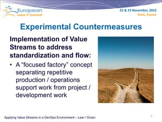 22 & 23 November, 2012
                                                                           Paris, France


          Experimental Countermeasures
   Implementation of Value
   Streams to address
   standardization and flow:
   • A “focused factory” concept
     separating repetitive
     production / operations
     support work from project /
     development work


Applying Value Streams in a DevOps Environment – Lear / Orzen                       7
 