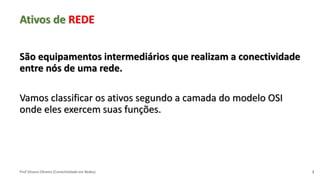 Prof Silvano Oliveira (Conectividade em Redes)
Ativos de REDE
São equipamentos intermediários que realizam a conectividade
entre nós de uma rede.
Vamos classificar os ativos segundo a camada do modelo OSI
onde eles exercem suas funções.
2
 
