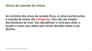 Prof Silvano Oliveira (Conectividade em Redes)
Ativos de camada de enlace
Ao contrário dos ativos da camada física, os ativos pertencentes
à camada de enlace são inteligentes. Eles não são simples
distribuidores de sinal. Eles decodificam o sinal para obter o
quadro e usam seus dados para tomar decisões sobre o seu
destino.
7
 