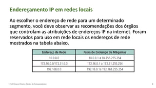 Prof Silvano Oliveira (Redes de Computadores)
Endereçamento IP em redes locais
Ao escolher o endereço de rede para um determinado
segmento, você deve observar as recomendações dos órgãos
que controlam as atribuições de endereços IP na internet. Foram
reservados para uso em rede locais os endereços de rede
mostrados na tabela abaixo.
8
 