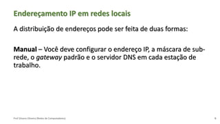 Prof Silvano Oliveira (Redes de Computadores)
Endereçamento IP em redes locais
A distribuição de endereços pode ser feita de duas formas:
Manual – Você deve configurar o endereço IP, a máscara de sub-
rede, o gateway padrão e o servidor DNS em cada estação de
trabalho.
9
 