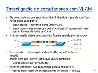Interligação de comutadores com VLAN
• Para manter o isolamento entre VLAN, cada Pacote na
ligação
trunk tem que identificar a que VLAN pertence
– Uso de uma etiqueta (VLAN tag)
• Pacotes ethernet não têm campo para a etiqueta 
– Portas trunk usam um encapsulamento diferente — 802.1Q
• Os comutadores que suportam VLAN têm dois tipos de configu-
ração para cada porta
– Modo acesso — pertence a uma única VLAN
– Modo trunk — não pertence a uma VLAN específica, podendo trans-
portar Pacotes de todas as VLAN
• A interligação entre comutadores faz-se usando portas trunk
VLAN 1
VLAN 2
VLAN 3
porta trunk
11
porta trunk
 