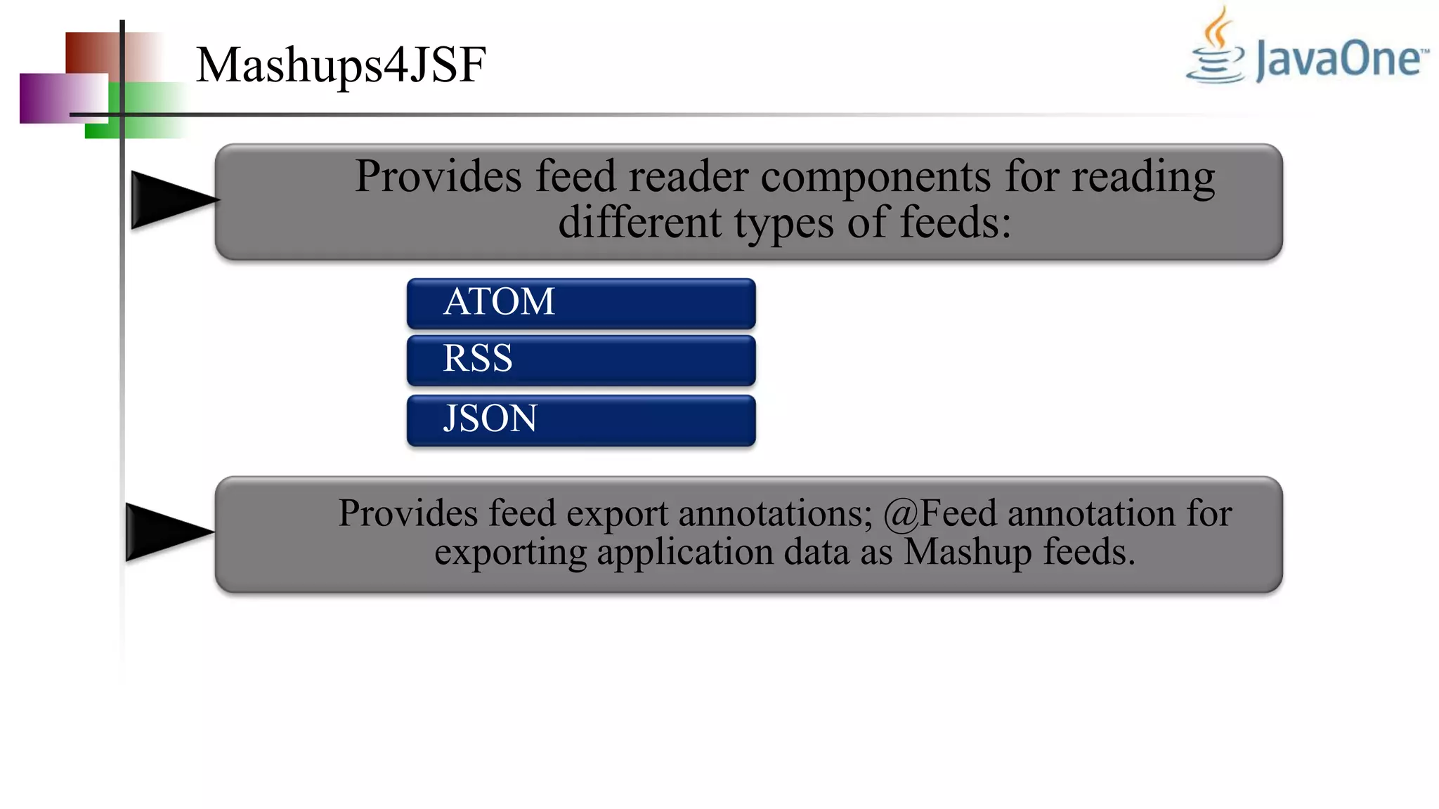 Mashups4JSF
Provides feed reader components for reading
different types of feeds:
Provides feed export annotations; @Feed annotation for
exporting application data as Mashup feeds.
ATOM
RSS
JSON
 