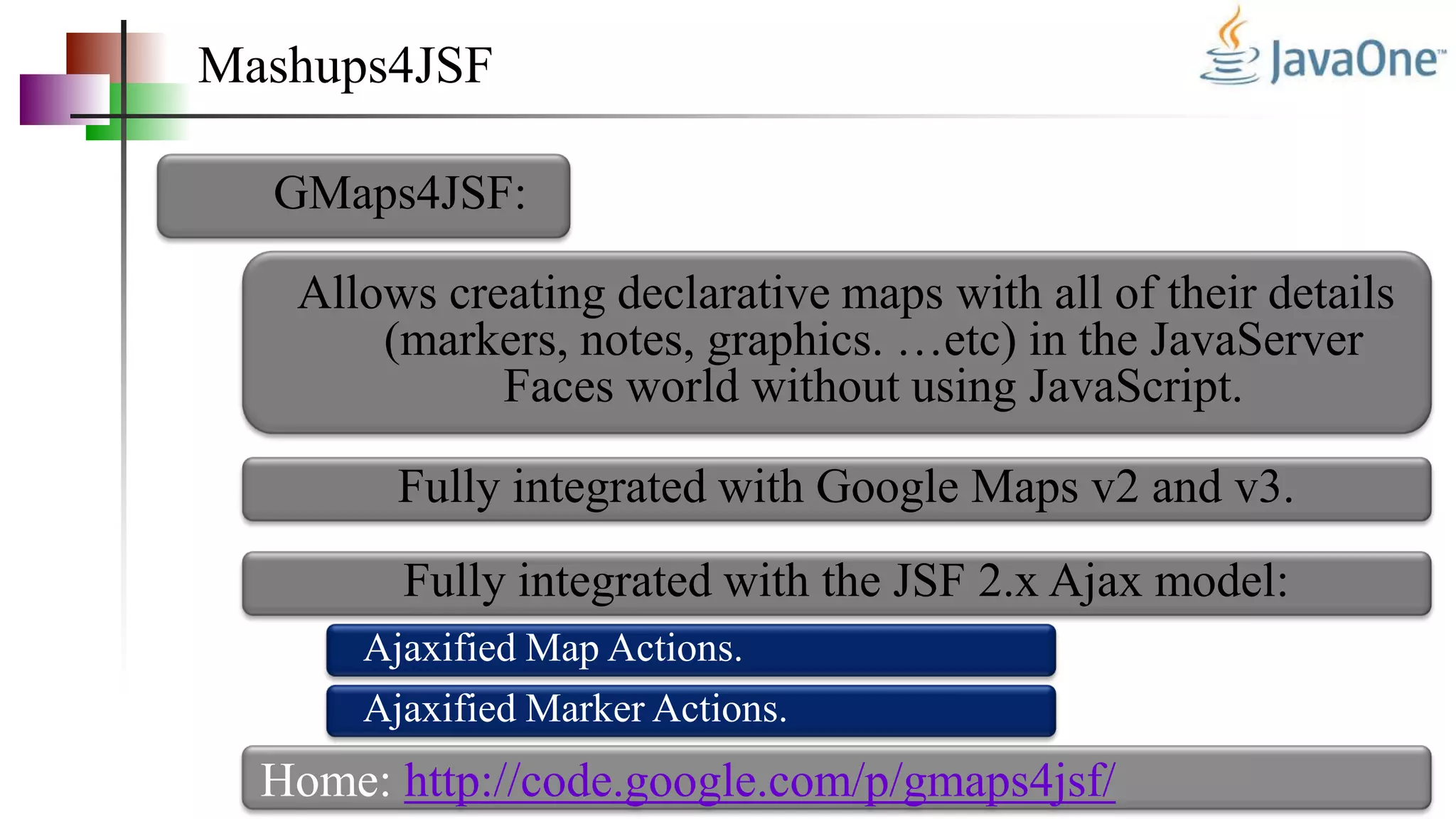 Mashups4JSF
GMaps4JSF:
Allows creating declarative maps with all of their details
(markers, notes, graphics. …etc) in the JavaServer
Faces world without using JavaScript.
Fully integrated with Google Maps v2 and v3.
Fully integrated with the JSF 2.x Ajax model:
Ajaxified Map Actions.
Ajaxified Marker Actions.
Home: http://code.google.com/p/gmaps4jsf/
 