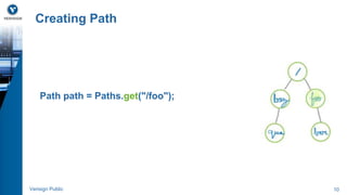 Creating Path 
Path path = Paths.get("/foo"); 
Verisign Public 10 
 