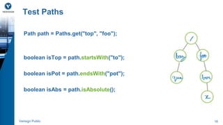 Test Paths 
Path path = Paths.get("top", "foo"); 
boolean isTop = path.startsWith("to"); 
boolean isPot = path.endsWith("pot"); 
boolean isAbs = path.isAbsolute(); 
Verisign Public 16 
 