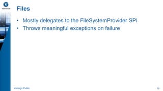 Files 
• Mostly delegates to the FileSystemProvider SPI 
• Throws meaningful exceptions on failure 
Verisign Public 19 
 