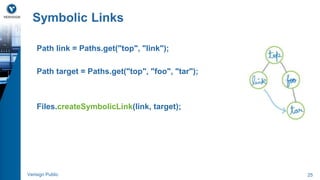 Symbolic Links 
Path link = Paths.get("top", "link"); 
Path target = Paths.get("top", "foo", "tar"); 
Files.createSymbolicLink(link, target); 
Verisign Public 25 
 