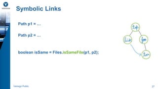 Symbolic Links 
Path p1 = … 
Path p2 = … 
boolean isSame = Files.isSameFile(p1, p2); 
Verisign Public 27 
 