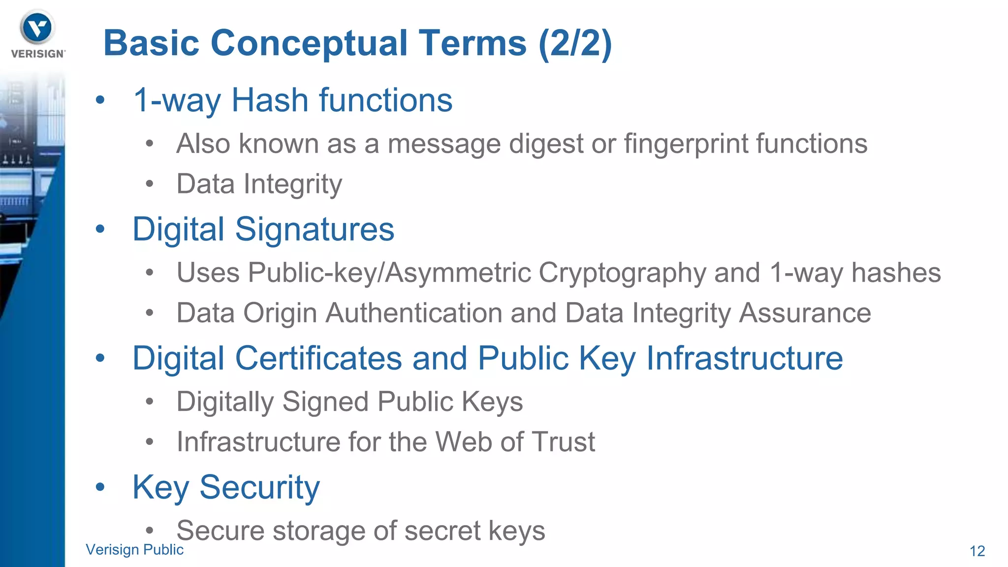 Basic Conceptual Terms (2/2) 
• 1-way Hash functions 
• Also known as a message digest or fingerprint functions 
• Data Integrity 
• Digital Signatures 
• Uses Public-key/Asymmetric Cryptography and 1-way hashes 
• Data Origin Authentication and Data Integrity Assurance 
• Digital Certificates and Public Key Infrastructure 
• Digitally Signed Public Keys 
• Infrastructure for the Web of Trust 
• Key Security 
• Secure storage of secret keys 
Verisign Public 12 
 