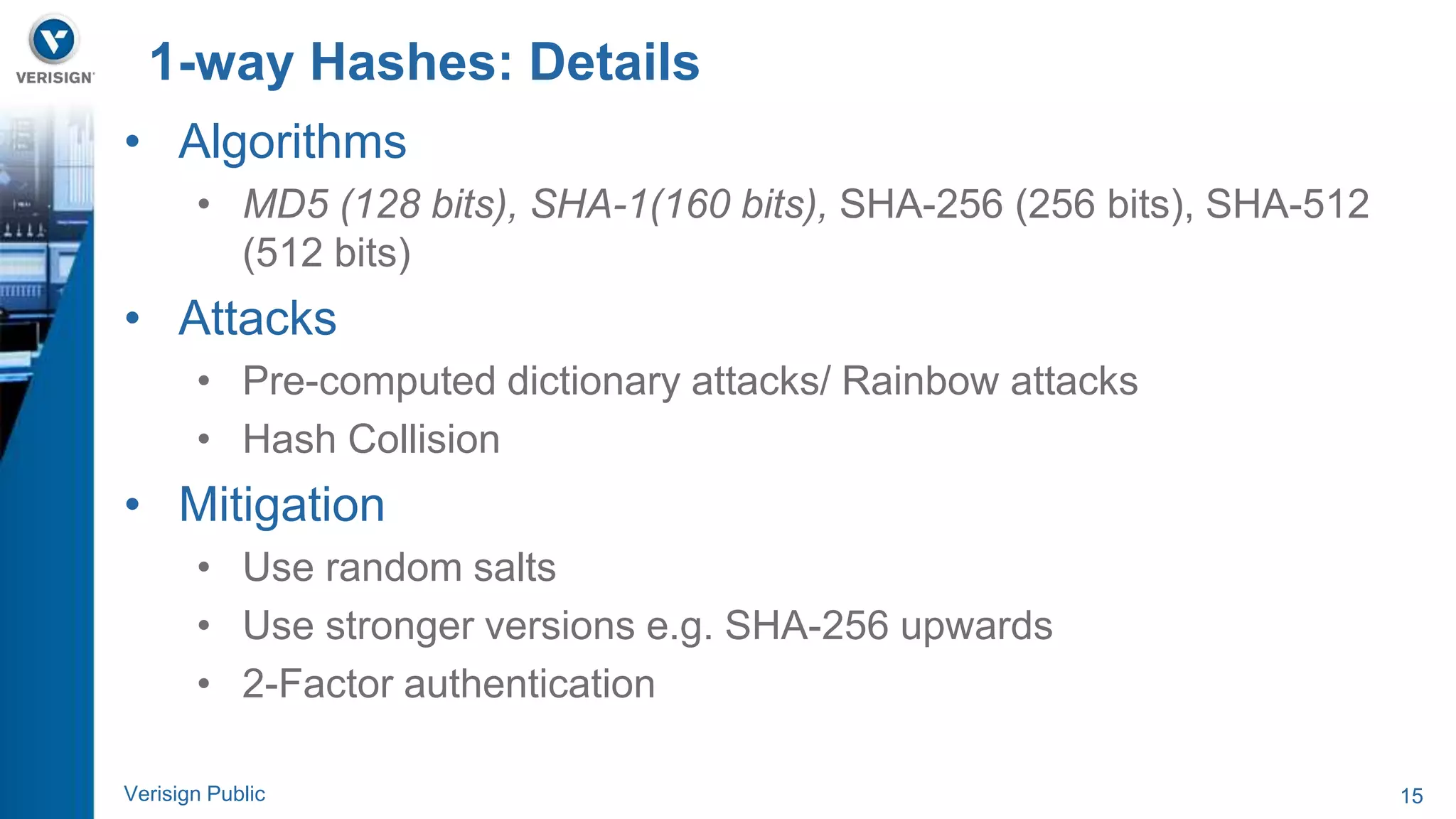 1-way Hashes: Details 
• Algorithms 
• MD5 (128 bits), SHA-1(160 bits), SHA-256 (256 bits), SHA-512 
(512 bits) 
• Attacks 
• Pre-computed dictionary attacks/ Rainbow attacks 
• Hash Collision 
• Mitigation 
• Use random salts 
• Use stronger versions e.g. SHA-256 upwards 
• 2-Factor authentication 
Verisign Public 15 
 