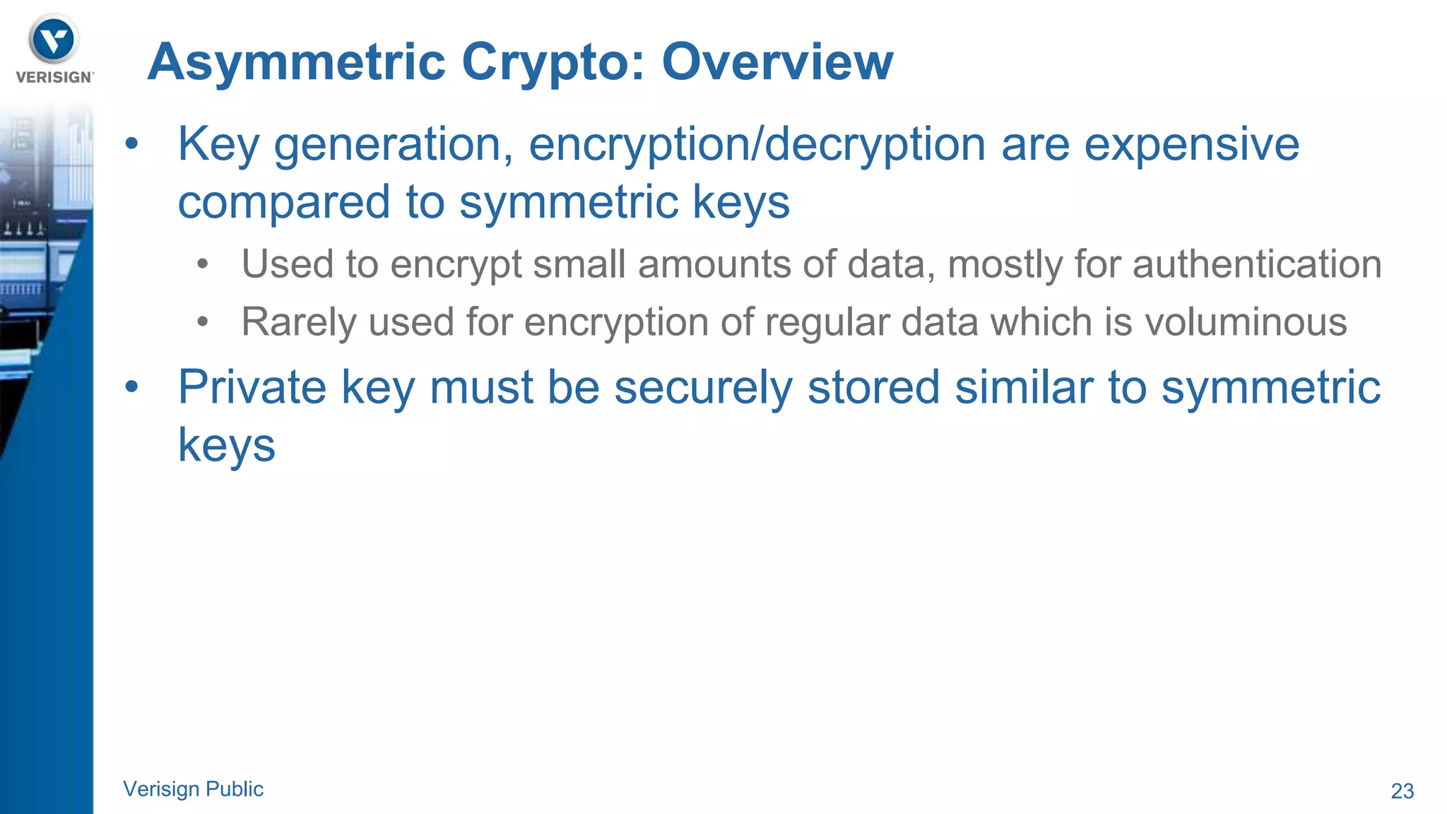 Asymmetric Crypto: Overview 
• Key generation, encryption/decryption are expensive 
compared to symmetric keys 
• Used to encrypt small amounts of data, mostly for authentication 
• Rarely used for encryption of regular data which is voluminous 
• Private key must be securely stored similar to symmetric 
keys 
Verisign Public 23 
 