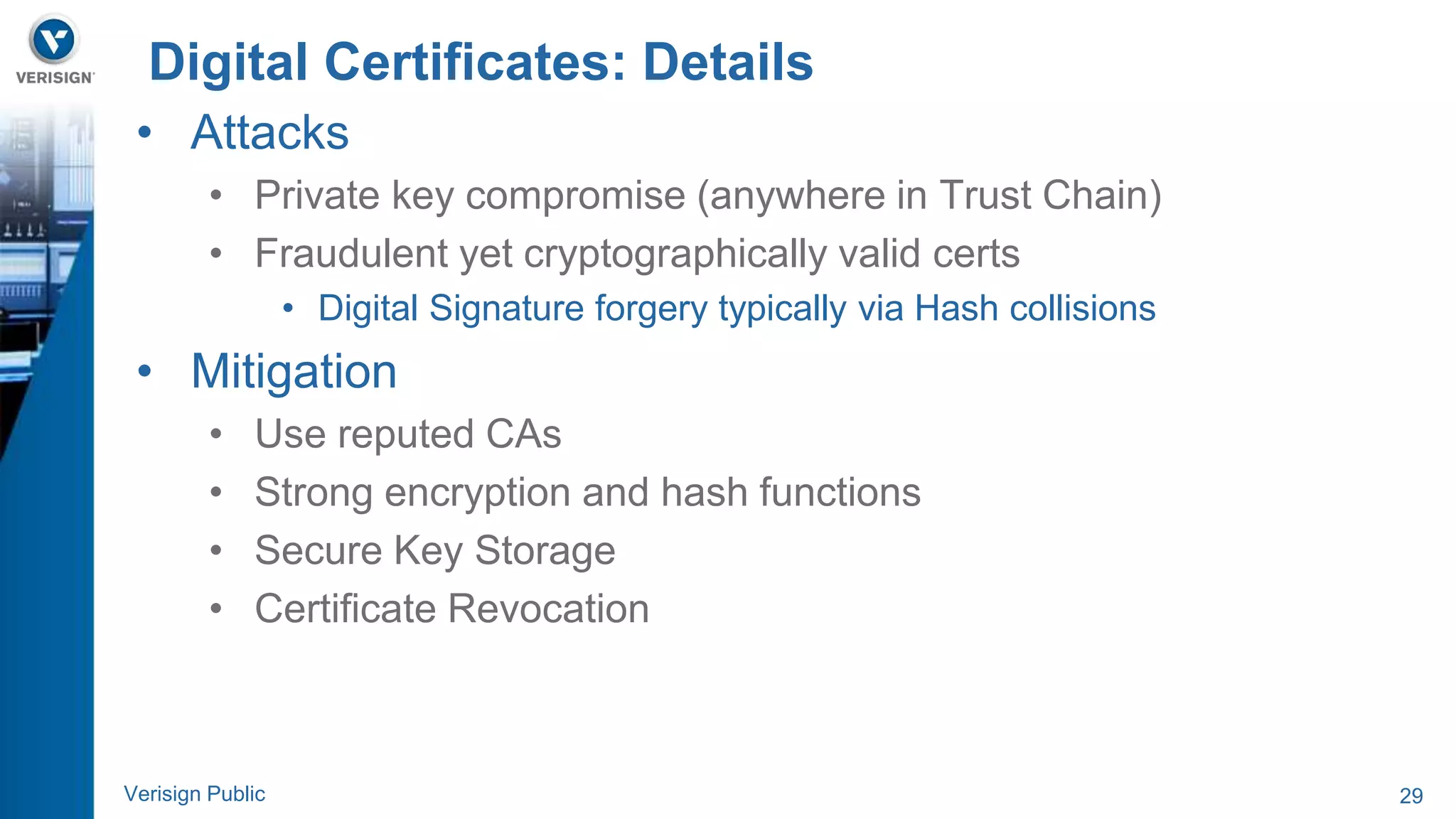 Digital Certificates: Details 
• Attacks 
• Private key compromise (anywhere in Trust Chain) 
• Fraudulent yet cryptographically valid certs 
• Digital Signature forgery typically via Hash collisions 
• Mitigation 
• Use reputed CAs 
• Strong encryption and hash functions 
• Secure Key Storage 
• Certificate Revocation 
Verisign Public 29 
 