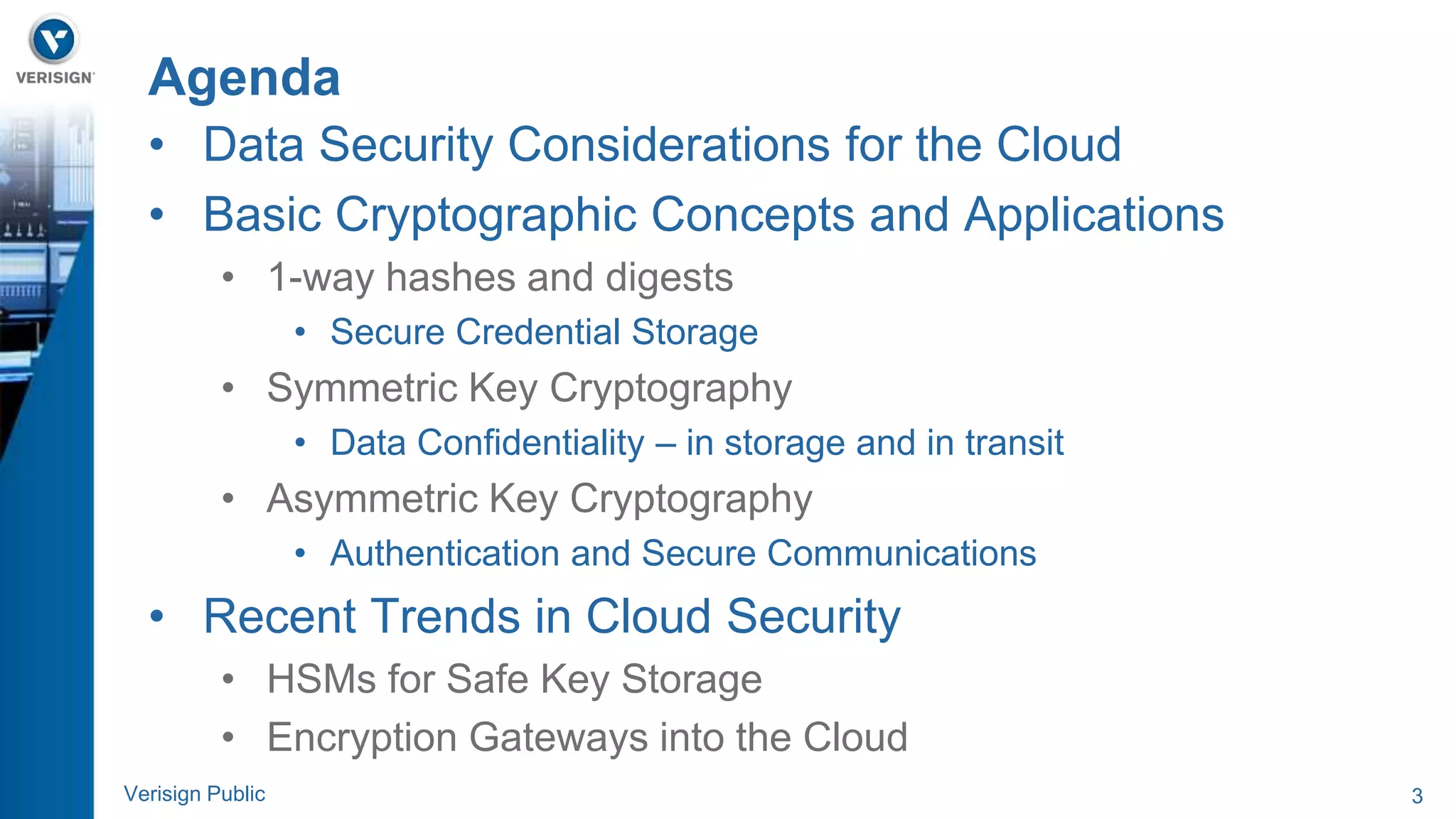 Agenda 
• Data Security Considerations for the Cloud 
• Basic Cryptographic Concepts and Applications 
• 1-way hashes and digests 
• Secure Credential Storage 
• Symmetric Key Cryptography 
• Data Confidentiality – in storage and in transit 
• Asymmetric Key Cryptography 
• Authentication and Secure Communications 
• Recent Trends in Cloud Security 
• HSMs for Safe Key Storage 
• Encryption Gateways into the Cloud 
Verisign Public 3 
 