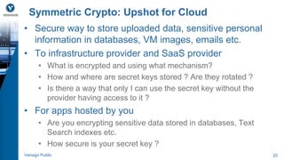 Symmetric Crypto: Upshot for Cloud 
• Secure way to store uploaded data, sensitive personal 
information in databases, VM images, emails etc. 
• To infrastructure provider and SaaS provider 
• What is encrypted and using what mechanism? 
• How and where are secret keys stored ? Are they rotated ? 
• Is there a way that only I can use the secret key without the 
provider having access to it ? 
• For apps hosted by you 
• Are you encrypting sensitive data stored in databases, Text 
Search indexes etc. 
• How secure is your secret key ? 
Verisign Public 20 
 
