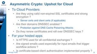 Asymmetric Crypto: Upshot for Cloud 
• To Cloud Providers 
• Are they using valid non-expired SSL certificates and strong 
encryption ? 
• Server certs and client certs (if applicable) 
• Are their domains DNSSEC enabled ? 
• Protection against DNS Cache Poisoning Attacks 
• Do they renew certificates and roll over DNSSEC keys ? 
• For your hosted apps 
• Is HTTPS used for all confidential exchanges ? 
• Are signed emails used especially for input emails that trigger 
workflow actions ? 
• Is certificate-based client authentication implemented properly ? 
Verisign Public 30 
 