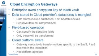 Cloud Encryption Gateways 
• Enterprise owns encryption key or token vault 
• Data stored in Cloud provider’s datastores is mangled 
• Data stores include databases, Text Search indexes 
• Sensitive data not compromised 
• Field-based operation 
• Can specify the sensitive fields 
• Only those will be transformed 
• Cloud platform aware 
• Gateway needs to do transformations specific to the SaaS, PaaS 
involved in the interaction 
• Not platform-agnostic 
Verisign Public 35 
 