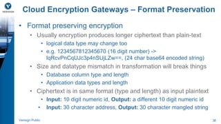 Cloud Encryption Gateways – Format Preservation 
• Format preserving encryption 
• Usually encryption produces longer ciphertext than plain-text 
• logical data type may change too 
• e.g. 1234567812345670 (16 digit number) -> 
lqRcvPnCqUJc3p4nSUjLZw==, (24 char base64 encoded string) 
• Size and datatype mismatch in transformation will break things 
• Database column type and length 
• Application data types and length 
• Ciphertext is in same format (type and length) as input plaintext 
• Input: 10 digit numeric id, Output: a different 10 digit numeric id 
• Input: 30 character address, Output: 30 character mangled string 
Verisign Public 36 
 
