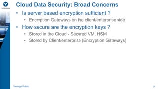 Cloud Data Security: Broad Concerns 
• Is server based encryption sufficient ? 
• Encryption Gateways on the client/enterprise side 
• How secure are the encryption keys ? 
• Stored in the Cloud - Secured VM, HSM 
• Stored by Client/enterprise (Encryption Gateways) 
Verisign Public 9 
 