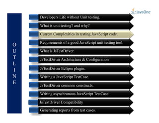 O
U
T
L
Developers Life without Unit testing.
What is unit testing? and why?
Current Complexities in testing JavaScript code.
Requirements of a good JavaScript unit testing tool.
What is JsTestDriver.
JsTestDriver Architecture & Configuration
Current Complexities in testing JavaScript code.
L
I
N
E
JsTestDriver Architecture & Configuration
JsTestDriver Eclipse plugin.
Writing a JavaScript TestCase.
JsTestDriver common constructs.
Writing asynchronous JavaScript TestCase.
Generating reports from test cases.
JsTestDriver Compatibility
 