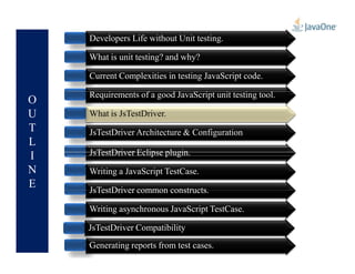 O
U
T
L
Developers Life without Unit testing.
What is unit testing? and why?
Current Complexities in testing JavaScript code.
Requirements of a good JavaScript unit testing tool.
What is JsTestDriver.
JsTestDriver Architecture & Configuration
What is JsTestDriver.
L
I
N
E
JsTestDriver Architecture & Configuration
JsTestDriver Eclipse plugin.
Writing a JavaScript TestCase.
JsTestDriver common constructs.
Writing asynchronous JavaScript TestCase.
Generating reports from test cases.
JsTestDriver Compatibility
 