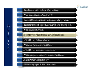 O
U
T
L
Developers Life without Unit testing.
What is unit testing? and why?
Current Complexities in testing JavaScript code.
Requirements of a good JavaScript unit testing tool.
What is JsTestDriver.
JsTestDriver Architecture & ConfigurationJsTestDriver Architecture & Configuration.
L
I
N
E
JsTestDriver Architecture & Configuration
JsTestDriver Eclipse plugin.
Writing a JavaScript TestCase.
JsTestDriver common constructs.
Writing asynchronous JavaScript TestCase.
Generating reports from test cases.
JsTestDriver Compatibility
JsTestDriver Architecture & Configuration.
 