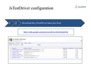 JsTestDriver configuration
1 Download the jsTestDriver latest jars from2
driver/downloads/list-test-http://code.google.com/p/js
 