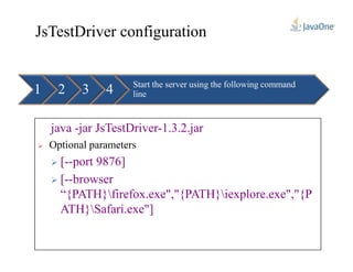 JsTestDriver configuration
1 Start the server using the following command
line2 3 4
java -jar JsTestDriver-1.3.2.jar
Optional parameters
[--port 9876]
[--browser
“{PATH}firefox.exe","{PATH}iexplore.exe","{P
ATH}Safari.exe"]
 