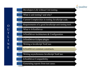 O
U
T
L
Developers Life without Unit testing.
What is unit testing? and why?
Current Complexities in testing JavaScript code.
Requirements of a good JavaScript unit testing tool.
What is JsTestDriver.
JsTestDriver Architecture & Configuration
L
I
N
E
JsTestDriver Architecture & Configuration
JsTestDriver Eclipse plugin.
Writing asynchronous JavaScript TestCase.
Generating reports from test cases.
JsTestDriver Compatibility
Writing a JavaScript TestCase.
JsTestDriver common constructs.JsTestDriver common constructs.
 