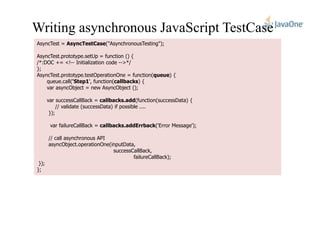 Writing asynchronous JavaScript TestCase
AsyncTest = AsyncTestCase("AsynchronousTesting");
AsyncTest.prototype.setUp = function () {
/*:DOC += <!-- Initialization code -->*/
};
AsyncTest.prototype.testOperationOne = function(queue) {
queue.call('Step1', function(callbacks) {
var asyncObject = new AsyncObject ();
var successCallBack = callbacks.add(function(successData) {
// validate (successData) if possible ....
});
var failureCallBack = callbacks.addErrback('Error Message');var failureCallBack = callbacks.addErrback('Error Message');
// call asynchronous API
asyncObject.operationOne(inputData,
successCallBack,
failureCallBack);
});
};
 