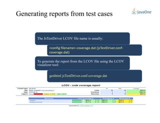 The JsTestDriver LCOV file name is usually:
<config filename>-coverage.dat (jsTestDriver.conf-
coverage.dat)
To generate the report from the LCOV file using the LCOV
Generating reports from test cases
To generate the report from the LCOV file using the LCOV
visualizer tool:
genhtml jsTestDriver.conf-coverage.dat
 