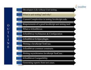 O
U
T
L
Developers Life without Unit testing.
What is unit testing? and why?
Current Complexities in testing JavaScript code.
Requirements of a good JavaScript unit testing tool.
What is JsTestDriver.
JsTestDriver Architecture & Configuration
What is unit testing? and why?
L
I
N
E
JsTestDriver Architecture & Configuration
JsTestDriver Eclipse plugin.
Writing a JavaScript TestCase.
JsTestDriver common constructs.
Writing asynchronous JavaScript TestCase.
Generating reports from test cases.
JsTestDriver Compatibility
 