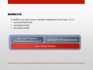 jCardSim (1/3)
Java CardTM Runtime
Environment Implementation
Java CardTM API Implementaion
Java Virtual Machine
jCardSim is an open source simulator implements Java Card, v.2.2.1
•  javacard.framework
•  javacard.security
•  javacardx.crypto
 