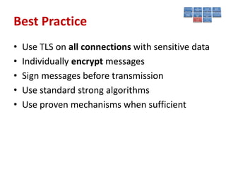 Best Practice
•   Use TLS on all connections with sensitive data
•   Individually encrypt messages
•   Sign messages before transmission
•   Use standard strong algorithms
•   Use proven mechanisms when sufficient
 