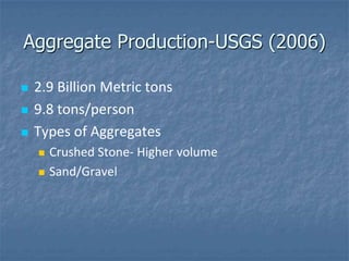 Aggregate Production-USGS (2006)

   2.9 Billion Metric tons
   9.8 tons/person
   Types of Aggregates
       Crushed Stone- Higher volume
       Sand/Gravel
 