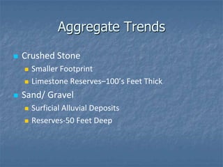 Aggregate Trends

   Crushed Stone
       Smaller Footprint
       Limestone Reserves–100’s Feet Thick
   Sand/ Gravel
       Surficial Alluvial Deposits
       Reserves-50 Feet Deep
 