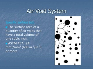 Air-Void System
Specific surface ( ):
 The surface area of a
quantity of air voids that
have a total volume of
one cubic inch.
 ASTM 457: 24
mm2/mm3 (600 in.2/in.3)
or more
 
