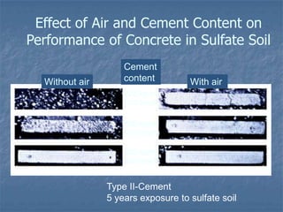 Effect of Air and Cement Content on
Performance of Concrete in Sulfate Soil
                    Cement
  Without air       content         With air
                    222 kg/m3
                    (375 lb/yd3)


                    306 kg/m3
                    (515 lb/yd3)

                    392 kg/m3
                    (660 lb/yd3)


                Type II-Cement
                5 years exposure to sulfate soil
 