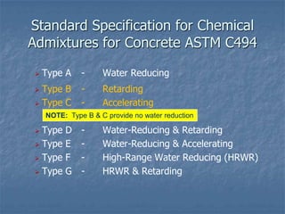Standard Specification for Chemical
Admixtures for Concrete ASTM C494

    Type A    -     Water Reducing
  Type B      ...