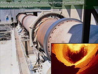 Rotary kiln (furnace) for manufacturing Portland cement clinker.
Inset view inside the kiln.
 