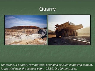 Quarry




Limestone, a primary raw material providing calcium in making cement,
is quarried near the cement plant. 25,50, 0r 100 ton trucks.
 