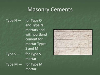 Masonry Cements
Type N — for Type O
         and Type N
         mortars and
         with portland
         cement for
         mortar Types
         S and M
Type S — for Type S
         mortar
Type M — for Type M
         mortar
 