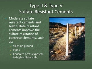Type II & Type V
            Sulfate Resistant Cements
•   Moderate sulfate
    resistant cements and
    high sulfate resistant
    cements improve the
    sulfate resistance of
    concrete elements, such
    as:
    –   Slabs on ground
    –   Pipes
    –   Concrete posts exposed
        to high-sulfate soils.
 