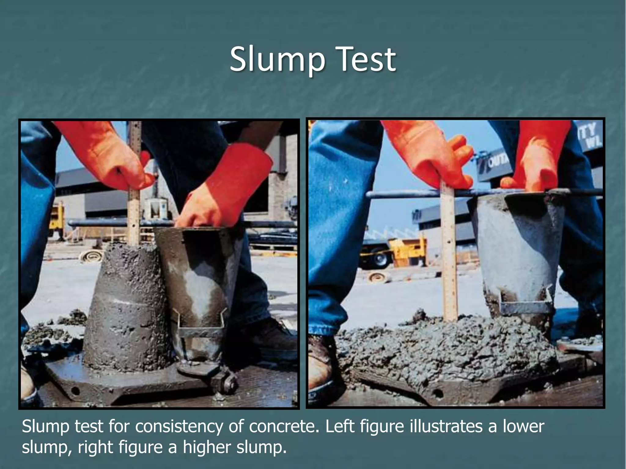 Slump Test
Slump test for consistency of concrete. Left figure illustrates a lower
slump, right figure a higher slump.
 