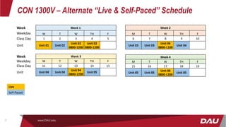 CON 1300V – Alternate “Live & Self-Paced” Schedule
Week Week 1
Weekday M T W TH F
Class Day 1 2 3 4 5
Unit Unit 01 Unit 02
Unit 02
0800-1200
Unit 02
0800-1200
Week Week 3
Weekday M T W TH F
Class Day 11 12 13 14 15
Unit Unit 04 Unit 04
Unit 04
0800-1200
Unit 05
www.DAU.edu
7
Week 2
M T W TH F
6 7 8 9 10
Unit 03 Unit 03
Unit 04
0800-1100
Unit 04
Week 4
M T W TH F
15 16 17 18 19
Unit 05 Unit 05
Unit 06
0800-1200
Unit 05
Live
Self-Paced
 
