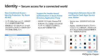 #MSIgnite #Japan
Identity – Secure access for a connected world
New Conditional Access+
Identity Protection for Azure
AD B2C
 ユーザーはMy Sign-ins にて、自身のサ
インインを確認する事が可能
 管理者はユーザーの社内リソースへのア
クセスのギャップをポリシーを条件付きア
クセスを軸に管理していく
Support for header-based
authentication in Azure Active
Directory Application Proxy
 2020年11月 Public Preview予定
 従来のオンプレミス認証システムからの
ヘッダーベース認証アプリの移行と、
Azure ADへの接続が可能
Integrations Between Azure AD
and Popular SaaS Apps Service
now, Adobe
 Service now : 2020年9月16日にGA
予定
 Adobe : 2020年9月末までにプライベー
トプレビューとして提供され、2020年12月
までにAzure ADおよびAdobeの顧客向
けに一般提供される予定
Session：DB168
 